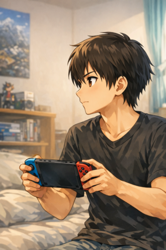 ゲームをするアニメ風キャラ